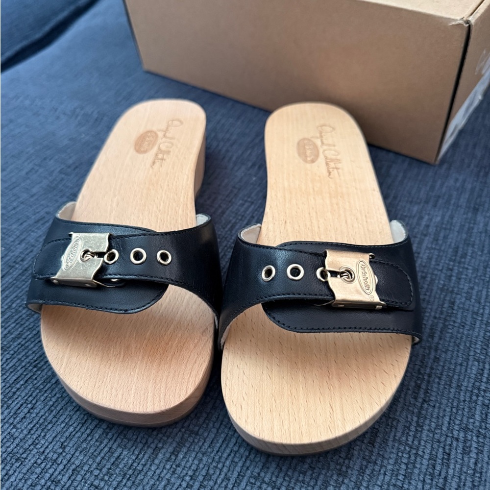 Dr. Scholl's Black Leather Mules with Wooden Sole - Picture 2 of 5